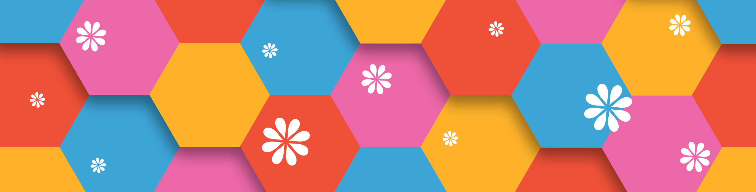 Hexagons in gold, blue, pink, and orange with white flowers of different sizes layered above.