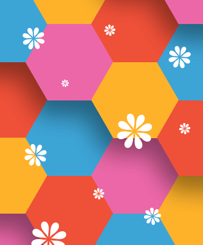 Hexagons in gold, blue, pink, and orange with white flowers of different sizes layered above.