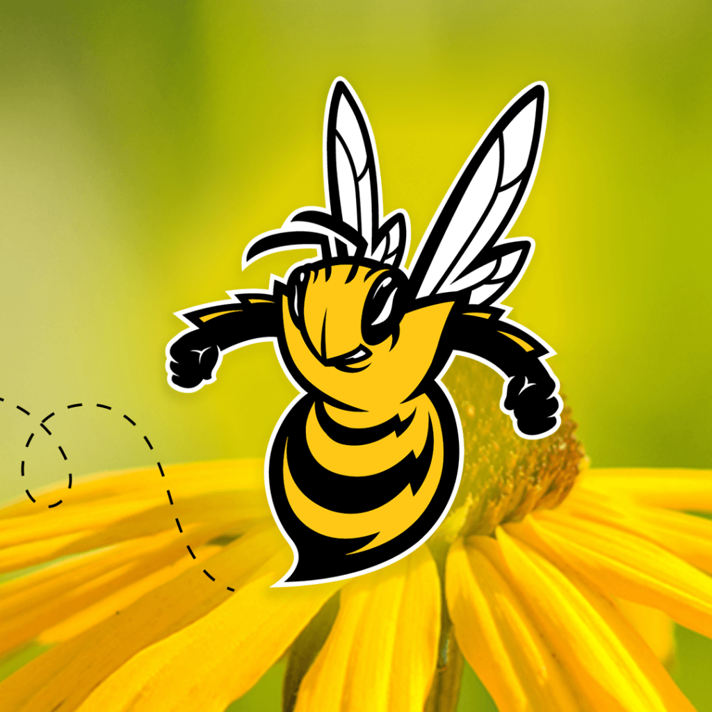 Scout, the Baker Bees mascot, above a sunflower.