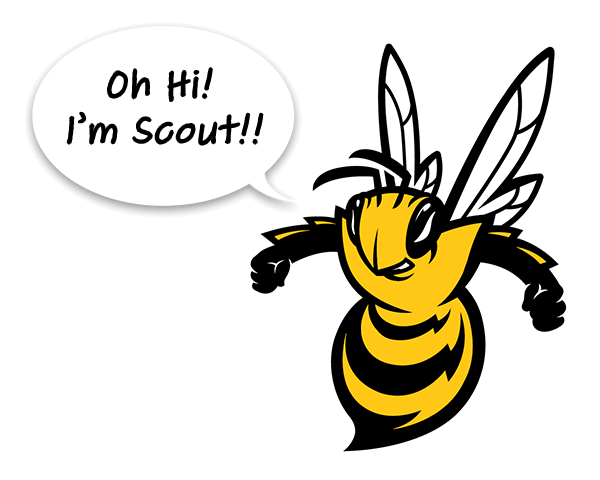 The Baker Bees Mascot with a speech bubble saying 'Oh Hi! I'm Scout!'