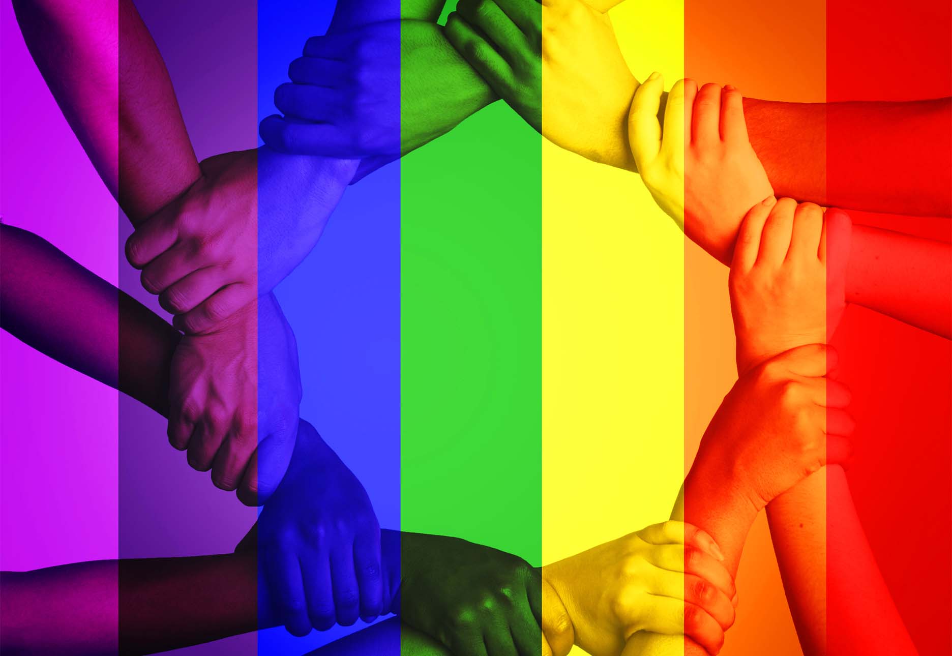 Arms linking in a circle against a rainbow-colored overlay