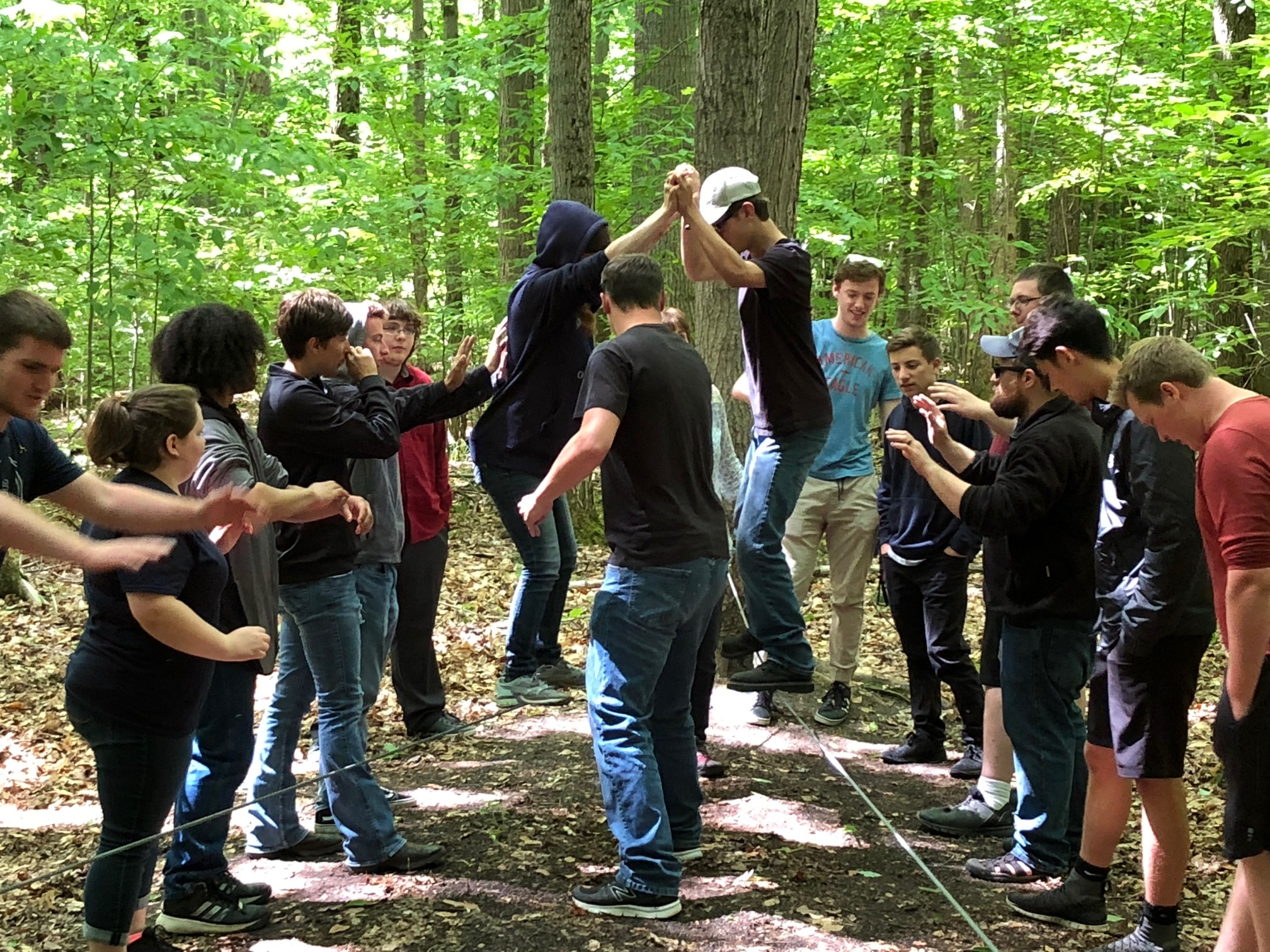 Students in team building exercise