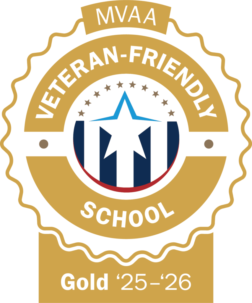 Graphic depicting a gold medal with blue stripes and stars inside. It reads "MVAA Veteran-Friendly School, Gold '25-'26: