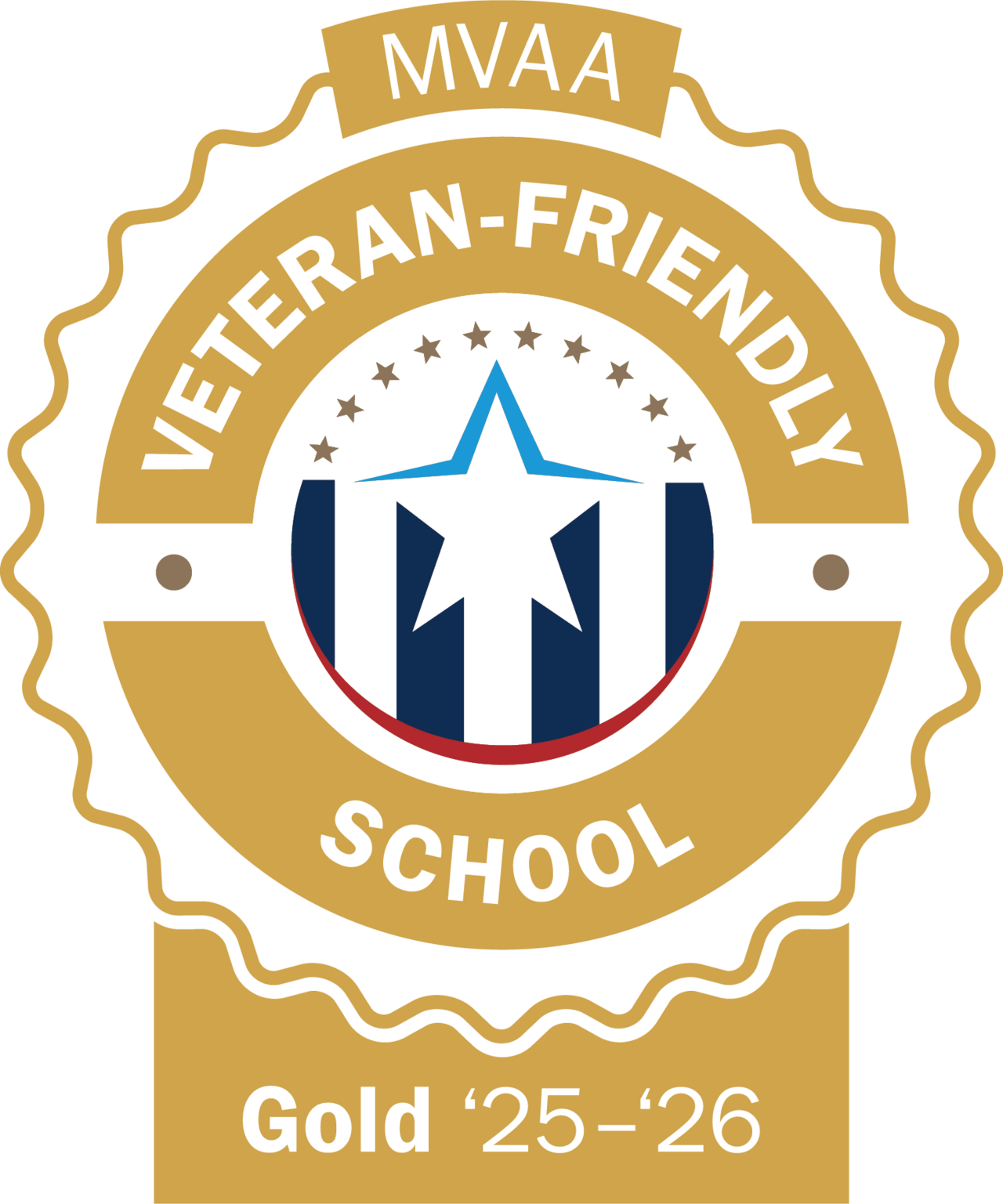 Graphic depicting a gold medal with blue stripes and stars inside. It reads "MVAA Veteran-Friendly School, Gold '25-'26: