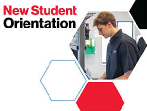 An image of a student working with lab equipment cropped into a honeycomb shape, surrounded by other solid-color and outlined honeycombs. To the left are the words New Student Orientation.