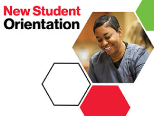An image of a student smiling while wearing scrubs cropped into a honeycomb shape, surrounded by other solid-color and outlined honeycombs. To the left are the words New Student Orientation.