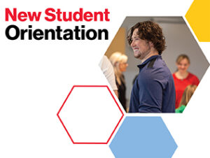 An image of a student smiling at New Student Orientation cropped into a honeycomb shape, surrounded by other solid-color and outlined honeycombs. To the left are the words New Student Orientation.