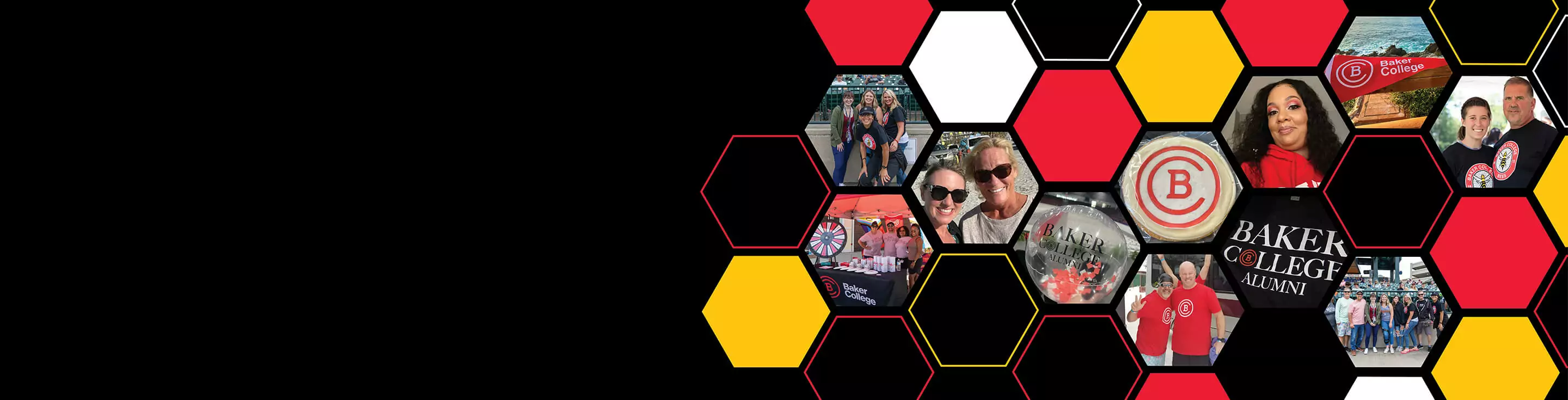 A series of alumni photos in the shape of honeycombs, as well as a honeycomb pattern in Baker College colors.