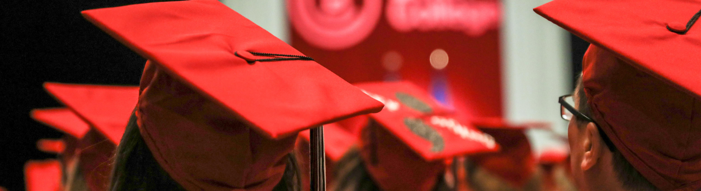 A close-up view of red graduation caps