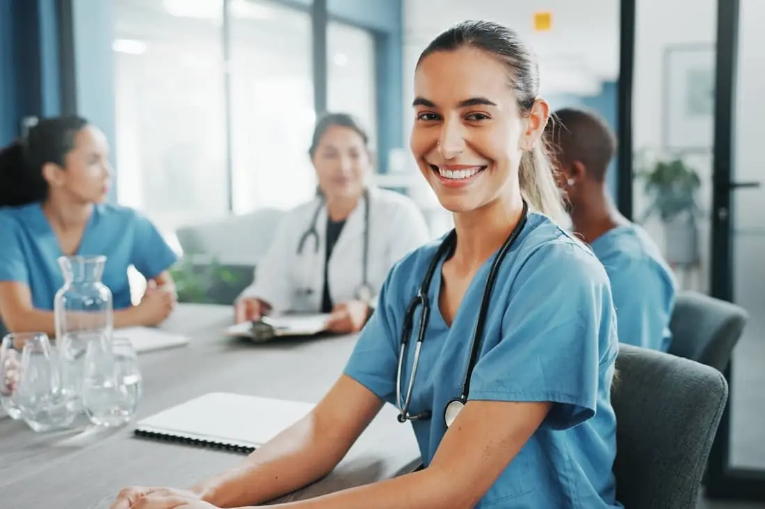 Female nurse in hospital meeting for medical planning, life insurance medicine or treatment training.