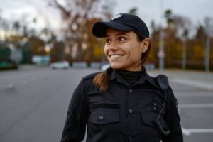 Portrait of smiling police woman on street