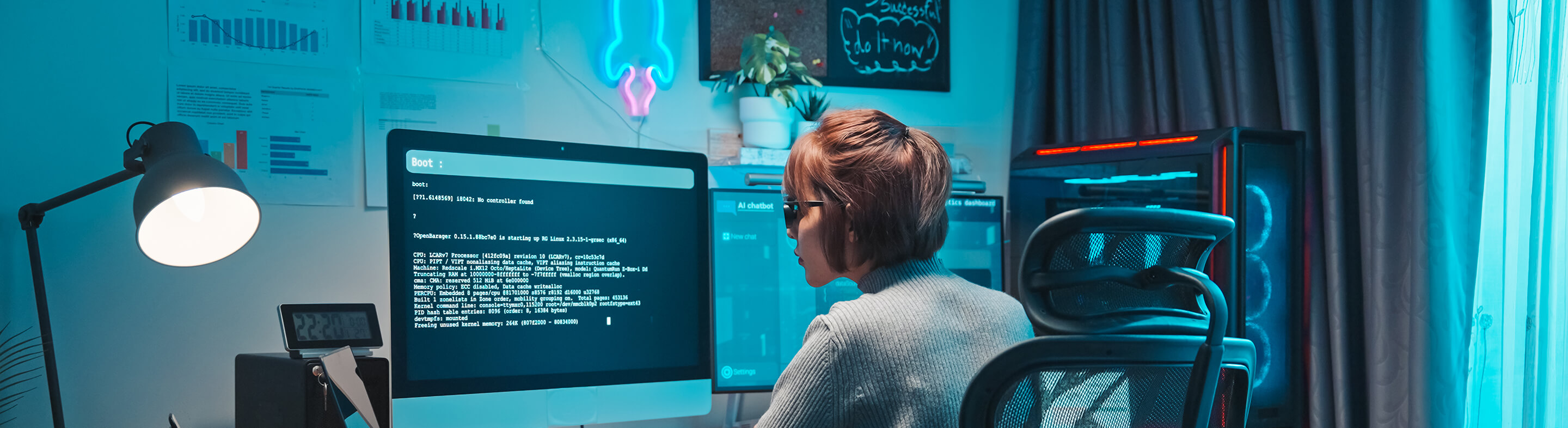 A woman sits in front of a computer with blue and red lights.