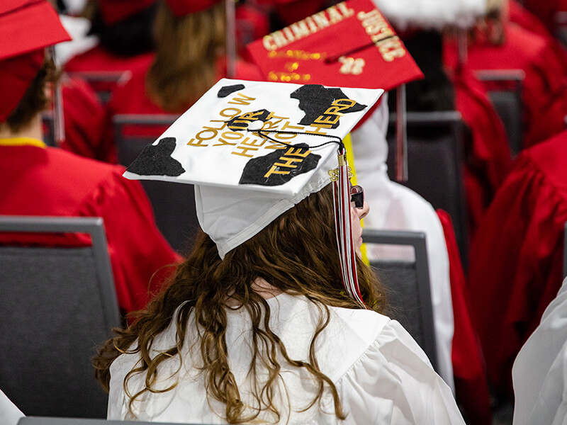 A decorated graduation cap as seen from above with black and white spots and gold text saying "Follow your dreams, not the herd"