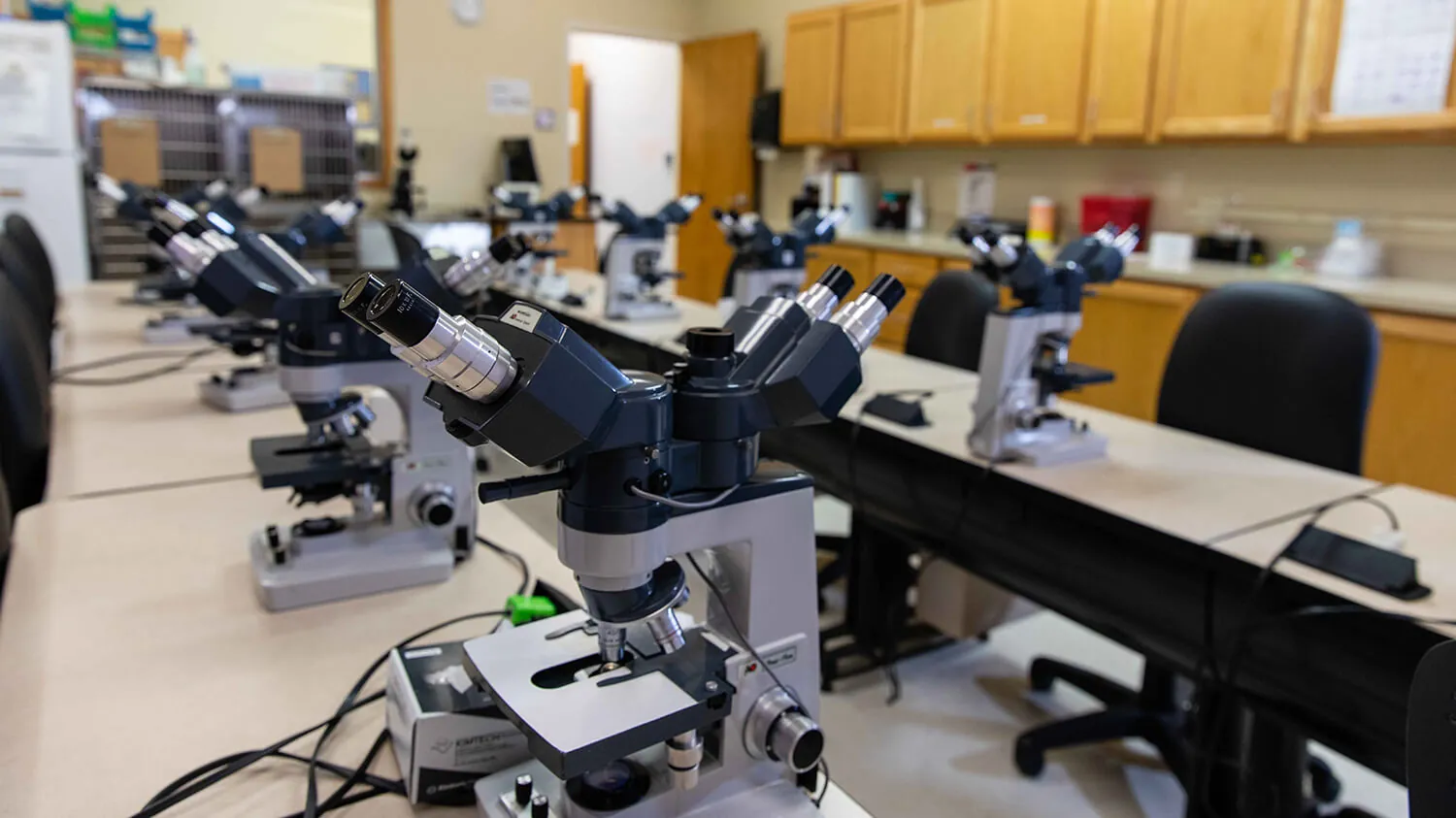 A close-up of a microscope in the vet tech lab on the Jackson campus.
