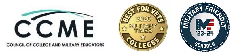 Military Badges for Council of College and Military Educators, 2020 Military Times Best for Vets Colleges, and 23-24 Military Friendly Schools