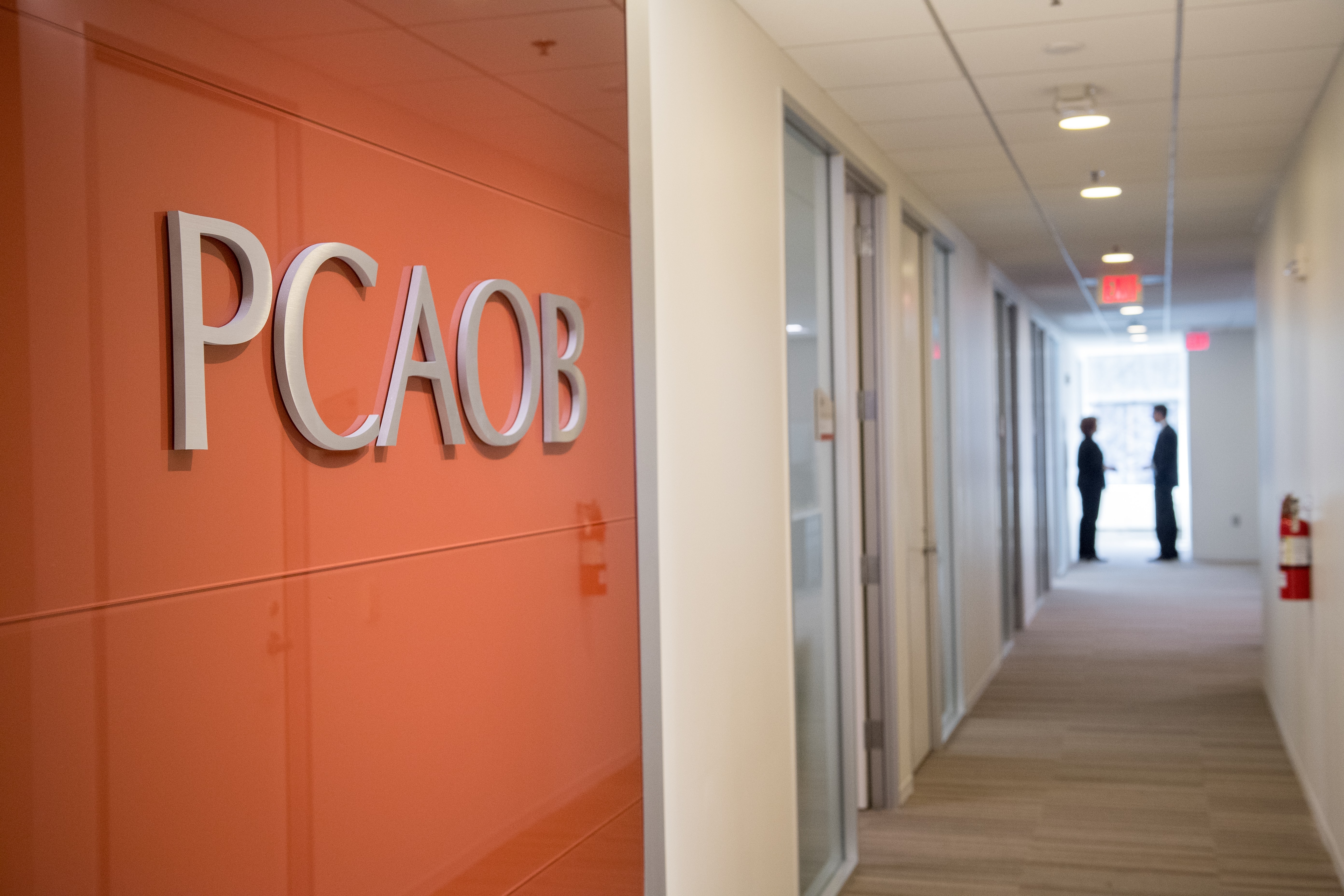 PCAOB office with two figures talking.