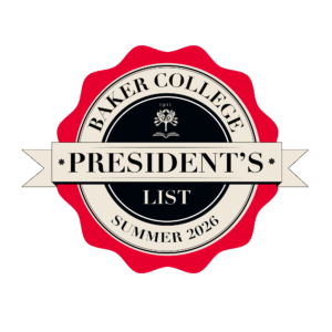 The Baker College President's List seal. The words Summer 2026 run along the bottom.
