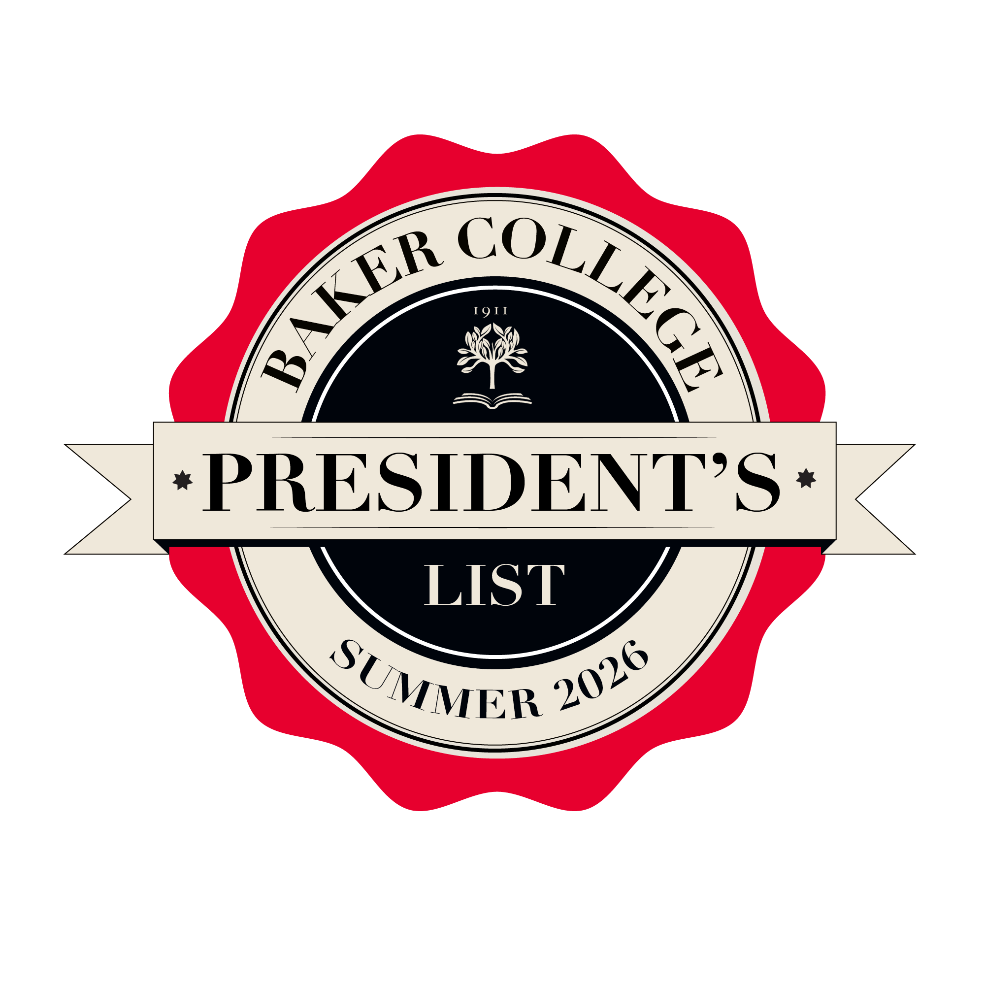 The Baker College President's List seal. The words Summer 2026 run along the bottom.