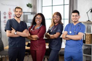 Diverse multiethnic nursing team at work in the hospital.