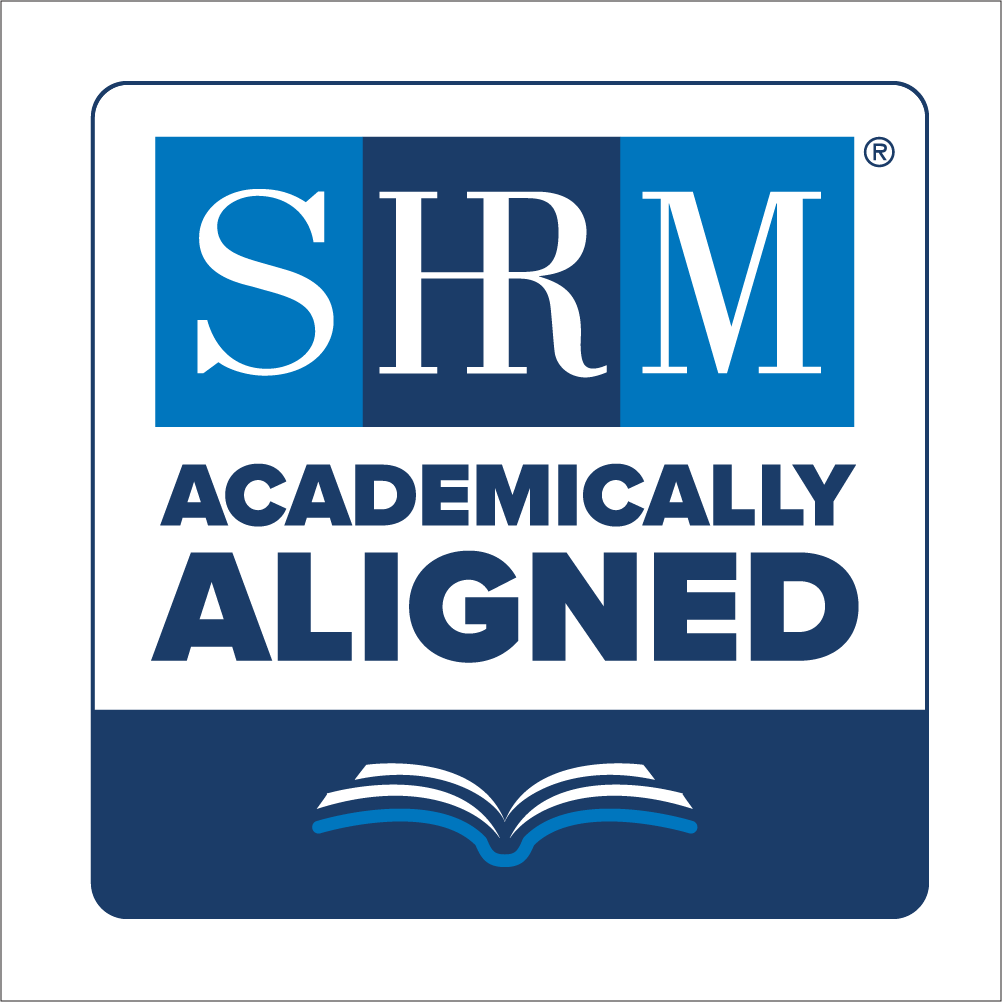 The SHRM logo is on the top line, followed by the words Academically Aligned on the second line, and an icon of an open book against a blue background on the last line.