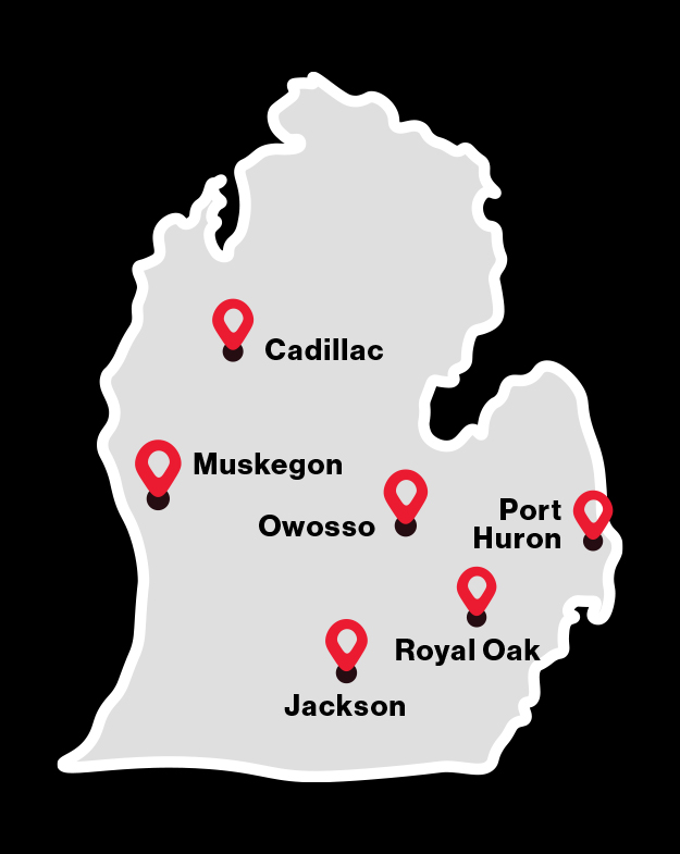 Baker College has locations in Cadillac, Jackson, Owosso, Port Huron, Muskegon, Royal Oak