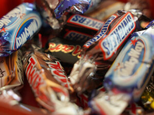 A close-up photo of assorted candy bars.